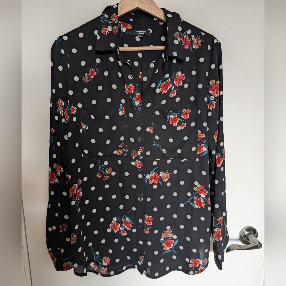 Premise Studio Black Blouse with White Dots and Red Floral Design
